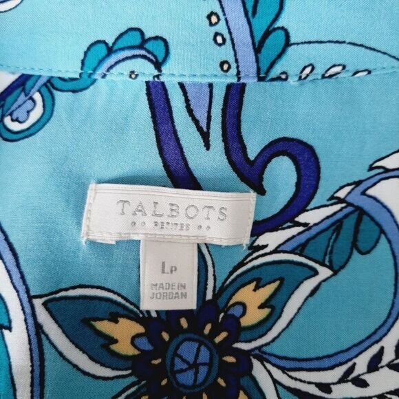 TALBOTS | Floral Paisley Utility Sleeve Buton Down Shirt Blue Sz L P - Picture 11 of 12